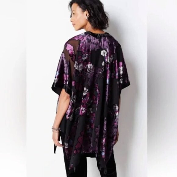 J. Jill Ruana Velvet Burnout Cardigan One Size Kimono Duster Purple Floral - Picture 3 of 9